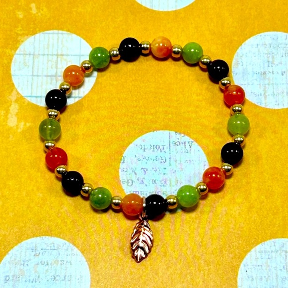 Handmade Fall Leaf Charm Bracelet with Garnet & Jade Gemstones!